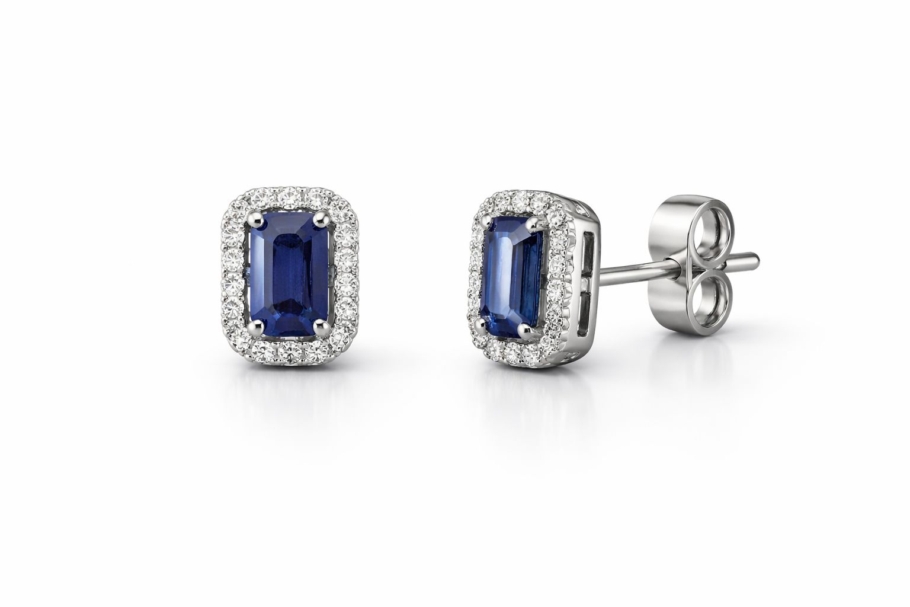 Cercei Cu Diamante Si Safir Aur Alb 18K AST8557 0.12CT